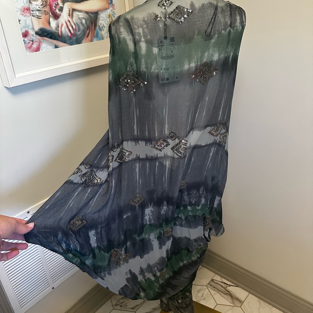 Zara Green & Charcoal Watercolor-Print Sleeveless Dress - Picture 4 of 5